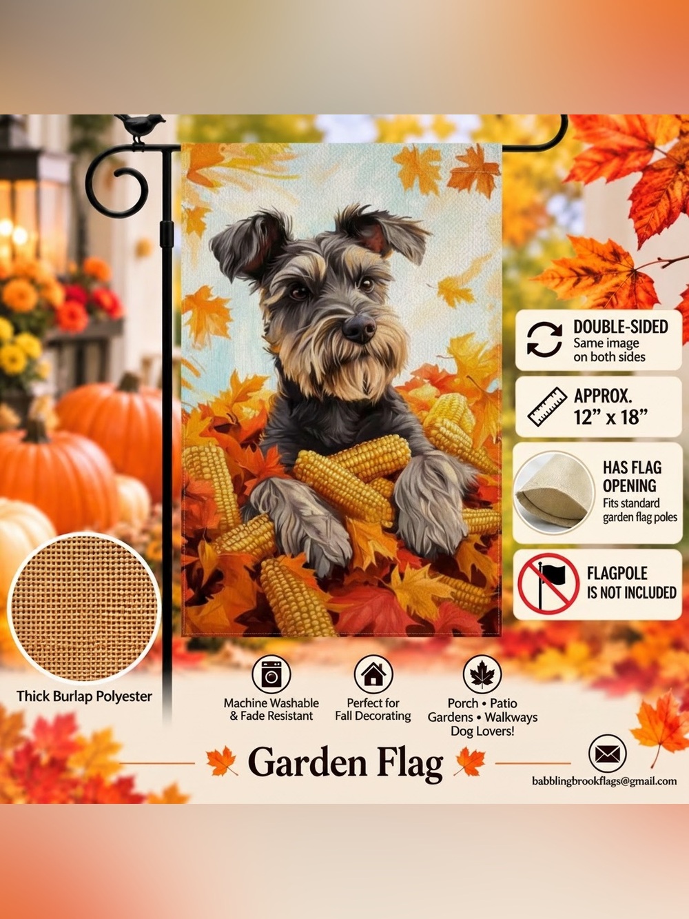 Garden Flag, Autumn Miniature Schnauzer, Burlap, double-sided, 12 inch 18 inch